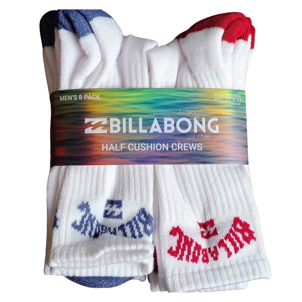 NEW Billabong Mens 8 Pack Half Cushion Crew Socks Red‎ Blue Size 10-13 surf